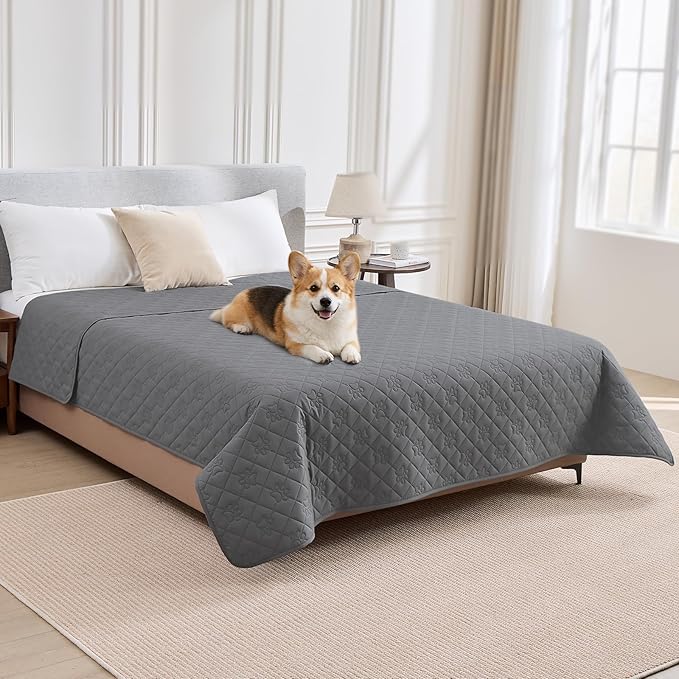 PAWFINITY Waterproof Bed Cover for Dogs, Pet Blanket for Mattress Washable | Paw Print Quilted, Hair Resistant, Anti Cat Scratch, Pee Proof Furniture Protector for Cal King Bed, 82x102 Inch, Grey by Pawfinity
