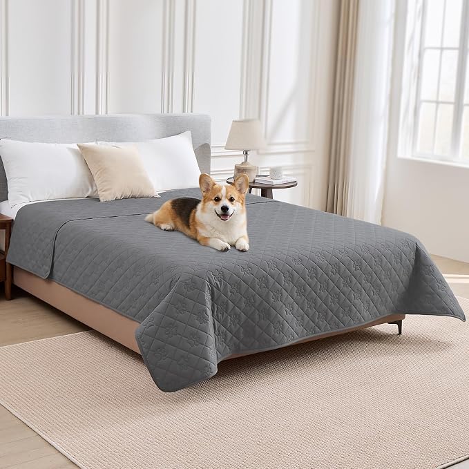 PAWFINITY Waterproof Bed Cover for Dogs, Pet Blanket for Mattress Washable | Paw Print Quilted, Hair Resistant, Anti Cat Scratch, Pee Proof Furniture Protector for Bed, Couch and Sofa, 52x82 Inch, Grey by Pawfinity