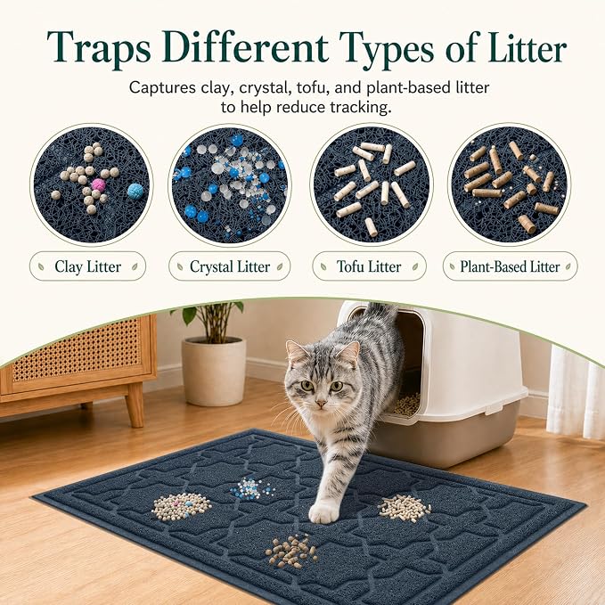 Yimobra Cat Litter Mat, Easy Clean Trapping PVC Mat, 35.4" x 23.6", Waterproof Backing, Non Slip Bottom, Scatter Control Pad for Litter Box, Dark Blue - Image 2