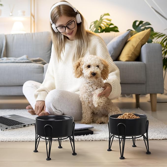 Elevated Dog Bowls, Ceramic Raised Dog Bowl Set with Anti-Slip and Non-Tip Metal Stand, 2 Pack Pet Food and Water Feeding Bowls for Small and Medium Dogs (Black,3.6 Cups) - Image 6
