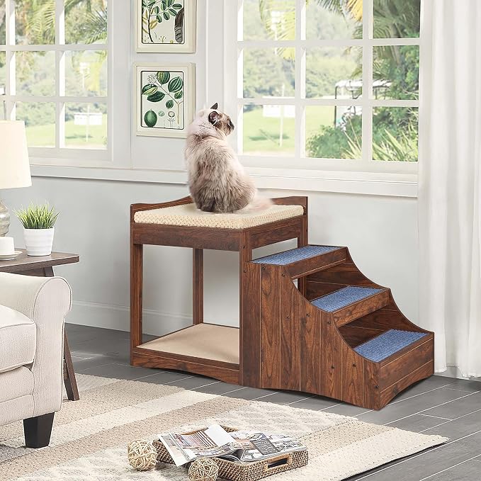 unipaws Pet Bunk Bed with Removable Step for Dog and Cat, Window Perch Seat | Multi-Level Bed with Cushion and Cat Scratch Pad, Indoor Use, Walnut - Image 2