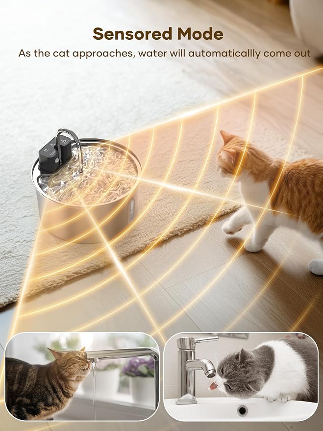 Tomxcute Wireless Cat Fountain 10 Filters -108oz Cordless Battery Operated | Quiet Pump Stainless Steel Pet Fountain with 3 Smart Water Supply Modes Rechargeable Water Dispenser for Cats, Dogs, Pets - Image 2