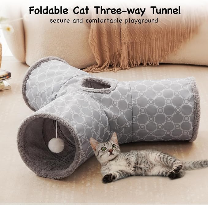 Tempcore Cat Tunnel for Indoor Cats Fleece-Lined in for Warmth, 3 Way Collapsible Pet Play Tunnel with Teaser Wand, Peek Holes & Hanging Ball, Interactive Tube for Kittens & Rabbits, Geometry Grey - Image 3