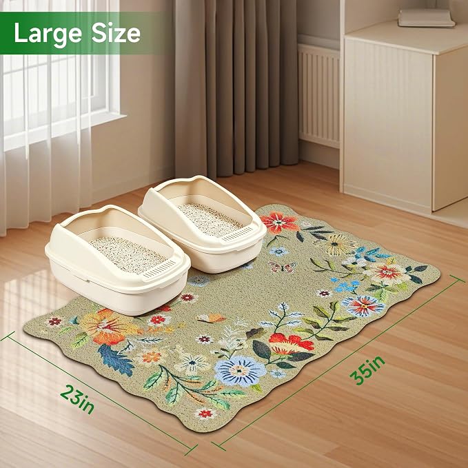 Cat Litter Mat,35"x23" Large Cute Litter Box Mat,Traps 100% Litter | Easy Clean for Scatter Control, Soft on Kitty Paws, Bohe cat food mat,Waterproof Urine Protection, Non-Slip, decor litter mat - Image 7