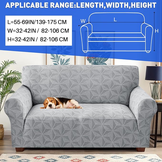 YEMYHOM 1 Piece Stretch Couch Covers for 2 Cushion Couch, Jacquard Loveseat Cover with Non-Slip Elastic Bottom, Thickened Slipcover Furniture Protector for Dogs Pets (Medium, Light Gray） - Image 2