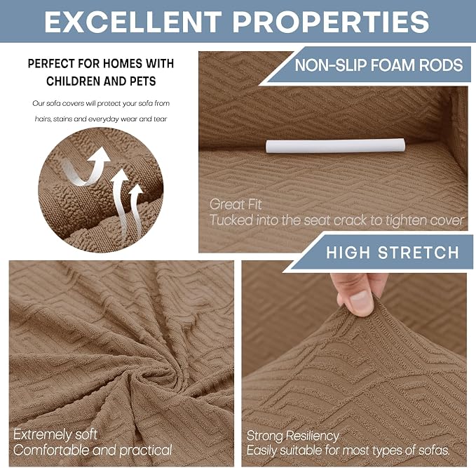 ZNSAYOTX 1 Piece Jacquard Couch Covers for 3 Cushion Couch Living Room High Stretch Sofa Cover Pets Dogs Friendly Anti Slip Thickened Slipcovers Furniture Protector (Large,New Pattern Light Coffee) - Image 4