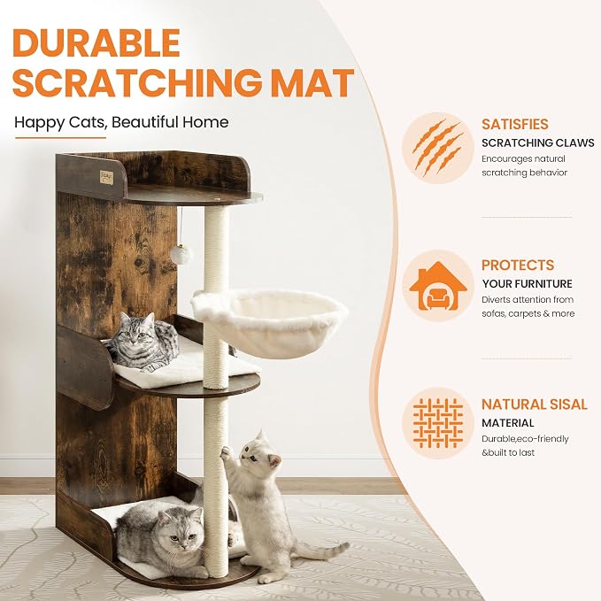 44.8in Modern Wood Cat Tree Tower for Indoor Large Cats with Perch | Multi-level Big Platforms, Sisal Scratching Posts, Cozy Hammock, Washable Pads, Ideal for Windows and Corners, Rustic Brown - Image 4