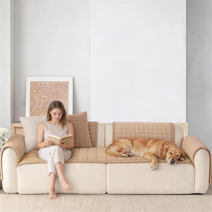 Velvet Washable Couch Cover for Dog,L Shape Sofa Cover for Pets. | 27.6"x90",Khaki,Sectional Couch Cover,Soft Velvet,Non-Slip,Furniture Protector,quilted - Image 3