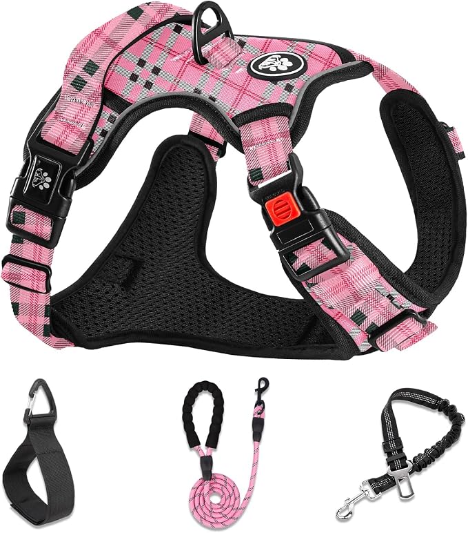 NESTROAD No Pull Dog Harness with Leash, Reflective No Choke Pet Vest Harness,Adjustable Soft Padded Dog Harness with Easy Control Handle for Small Dogs(Checkered Pink,Small) by NESTROAD