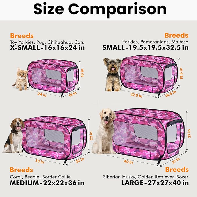 Portable Collapsible Pop Up Kennel, 40" L x 27" W x 27" H, Camo Pink | Collapsible indoor/outdoor travel cat and dog crate with mesh screen windows pops up and folds flat for easy storage - Image 3
