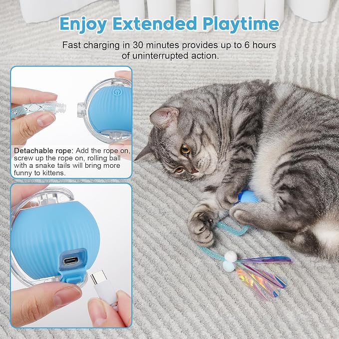 Interactive Cat Toys for Indoor Cats & Dogs, Agile Moving Cat Ball with Elastic Mesh Tail, Rechargeable Enrichment Toys, Smart Automatic Rolling Pet Ball Toys for Bored Indoor Dogs & Cats (Blue) - Image 7