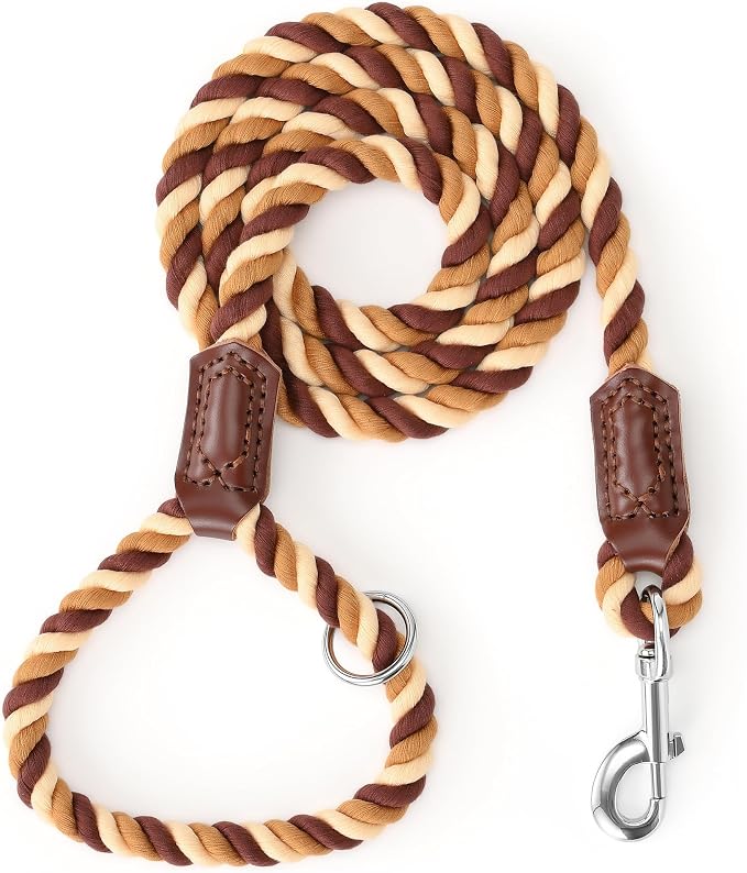 Mile High Life Rainbow Dog Leash Braided Cotton Rope w Leather-Wrapped Ends | Rust-proof 360° swivel clasp, Heavy-duty for medium/large breeds. Great for weddings, daily walks (5FT, 1/2", Brown Gradient) by MileHighLife