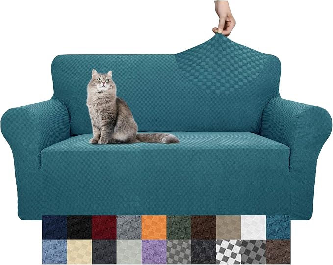 YEMYHOM Couch Cover Latest Jacquard Design High Stretch Sofa Covers for 2 Cushion Couch, Pet Dog Cat Proof Loveseat Slipcover Non Slip Magic Elastic Furniture Protector (Medium, Teal) by YEMYHOM