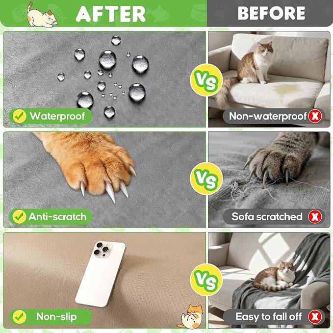 Loiion Cat Scratch Couch Cover Waterproof Sofa Cover 134" x71 Gray | Pet-Friendly Couch Protector, Anti-Scratch & Non Slip Sofa Cover For Cats Dogs Kids, Machine Washable - Image 6