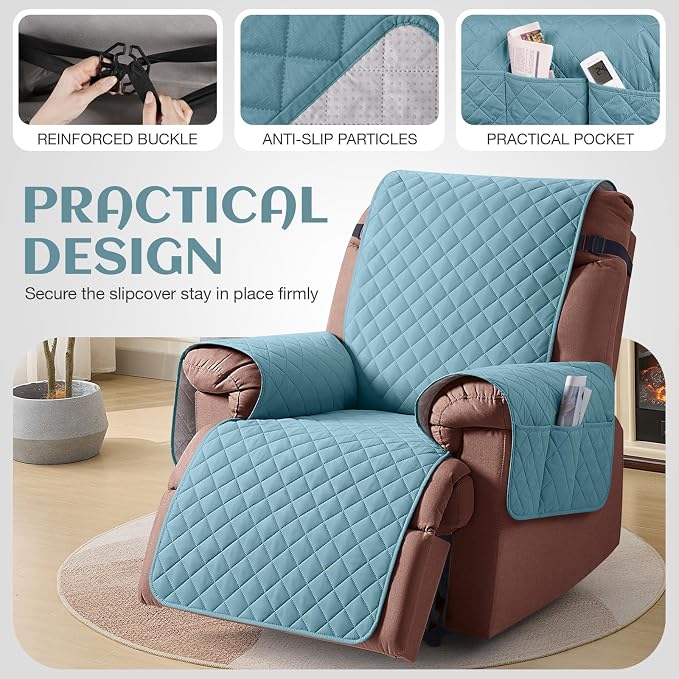 KinCam 100% Waterproof Recliner Chair Covers Washable, 23.6", Light Blue | Anti Slip Reclining Couch Covers for Pets Dog, Recliner Sofa Slipcover Storage Pocket, Furniture Protector with Elastic Strap - Image 5