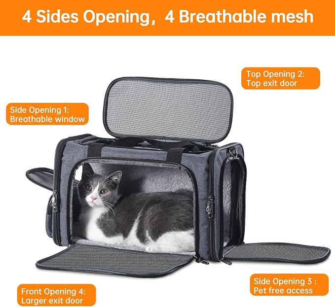 Cat Carrier Pet Travel Carrier by Airplane Approved Under seat, TSA Airline Approved Soft-Sided Dogs Carrier Bag for cat,Dogs,17.5 x 8.5 x 11 inches,Grey - Image 3