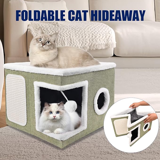 Cat Beds for Indoor Cats, Large Cat Cave Bed with Scratch Pad and Fluffy Ball, Foldable Cat Hideaway, Cat House with Reversible Cushion for Multi Small Pet Up to 30LBS, Green - Image 5