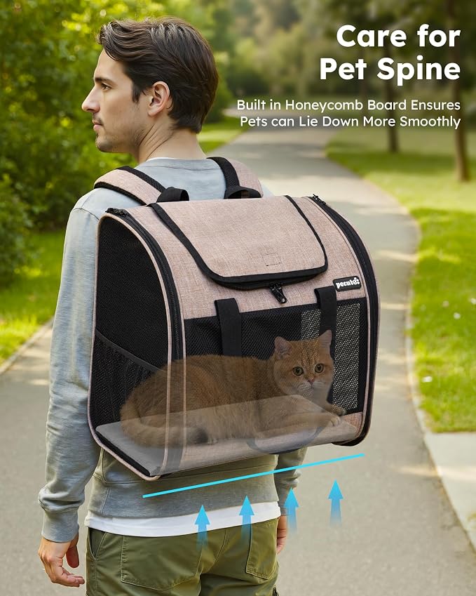 Pecute Cat Backpack with Widened Interior Space, Upgraded Dog Backpack Carrier with Various Ways to Carry, Pet Backpack with Breathable Mesh, Pet Travel Carrier with Soft Padded,Khaki | Breathable Mesh, Reinforced Support, Various Carry Ways, Ergonmic ... - Image 8