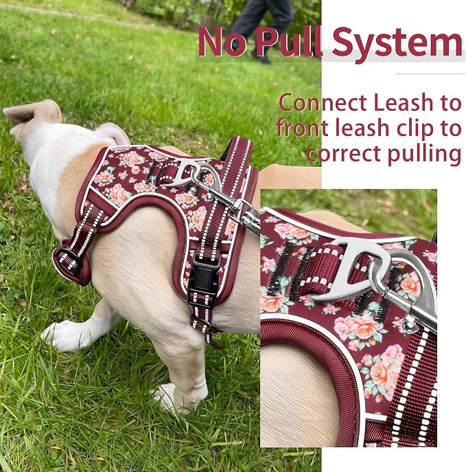 HEELE Dog Harness, Reflective, No Pull No Choke, Flower Burgundy, S | Front Clip for Small Dog Harness, 2 Metal Rings with Handle, Adjustable, Soft Breathable Padded Pet Vest for Night Walking - Image 5