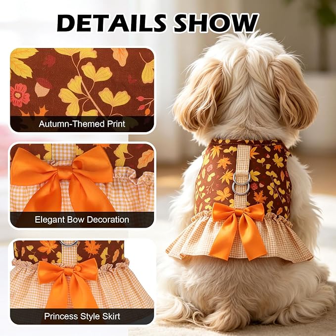 EXPAWLORER Dog Harness Small Medium Sized Dogs, No Choke No Pull Mesh Vest | Fall Dog Dress Bowknot Harness and Leash Set, Cute Princess Puppy Soft Outfits Clothes Costume for Girls Party Cats Brown S - Image 2