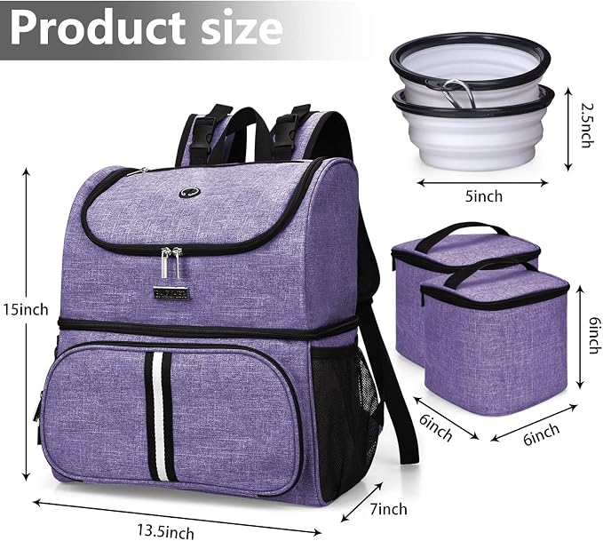 BAGLHER Pet Travel Bag, Double-Layer Pet Supplies Backpack (for All Pet Travel Supplies), Pet Travel Backpack with 2 Silicone Collapsible Bowls and 2 Food Baskets Purple - Image 4