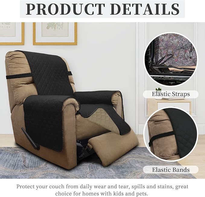 ISSUNTEX Double Protection 100% Waterproof Recliner Covers for Living Room, Reversible Furniture Protector Recliner Couch Sofa Slipcover for Dogs, Pets, Kids (Recliner, Black/Beige) - Image 5