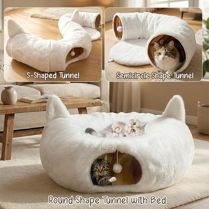 OurWarm Cat Tunnel Bed for Indoor Cats, Soft Plush Round Peekaboo Cat Bed Cave with Washable Cushion, Under Cristmas Tree Cat Donut Tunnel Toys for Kitten Rabbit Puppy (White) - Image 3