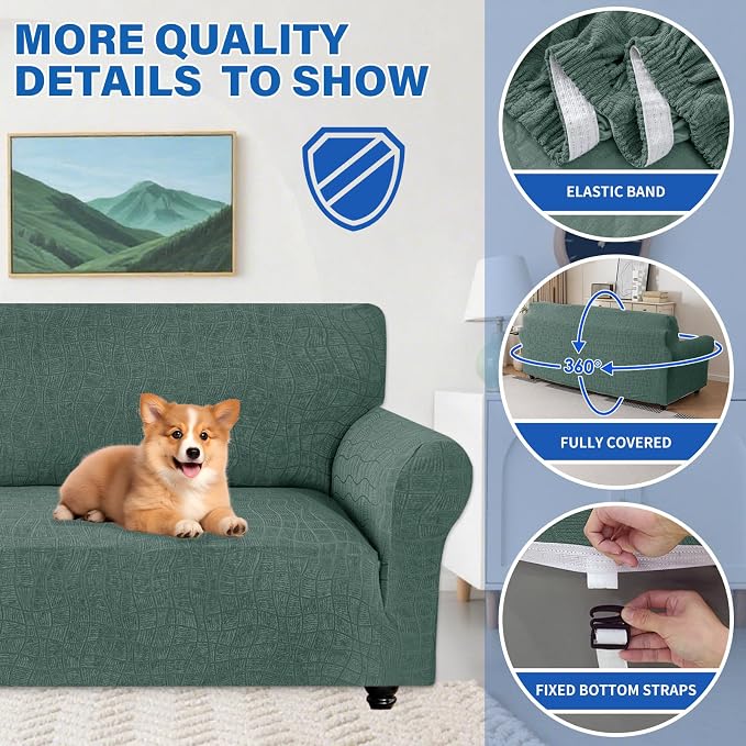 MAXIJIN Waterproof Loveseat Cover Couch Covers, 1 Piece Stretch Love Seat Sofa Slipcovers with Non-Slip Elastic Bottom, Washable Furniture Protector for Dogs Pets (Medium, Pea Green) - Image 4