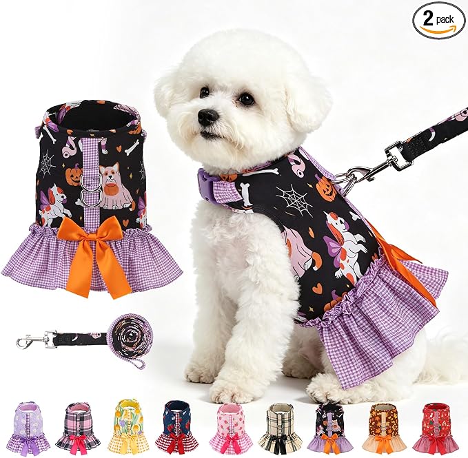 EXPAWLORER Halloween Dog Harness Small Medium Sized Dogs, Party Costume M | No Choke No Pull Mesh Vest Dog Dress Bowknot Harness and Leash Set Soft Cute Princess Puppy Outfits Clothes for Girls Cats by EXPAWLORER