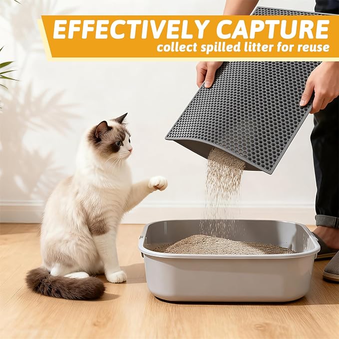 Pieviev Double Layer Cat Litter Mat Traps Scattered Litter 24''x15'' 2 Pack | Waterproof Urine Resistant Layer Litter Box Mat, Easy Collection, Soft on Kitty Paws, Gray Color for Indoor Cats - Image 3