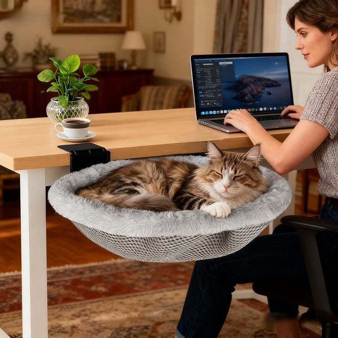 Cat Desk Bed | Supports 50 lb | Desk Mounted Cat Bed Cat Hammock for Desk | Space-Saving Foldable Design Cat Bed for Gaming Desks| removable washable cover | fits a wide range of desk thicknesses by LWBROS