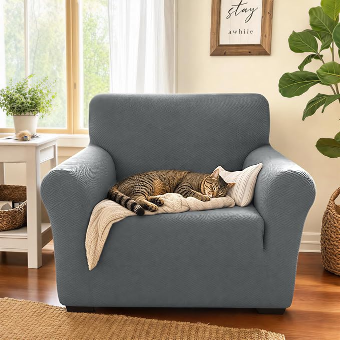 XINEAGE Stretch Jacquard Armchair Cover, Non Slip Sofa Slipcover for Dog | High-Stretch Fabric. Wear-Resistant, Pet Friendly. Easy Install & Washable for Living Rooms, Offices.Light Gray - Image 3