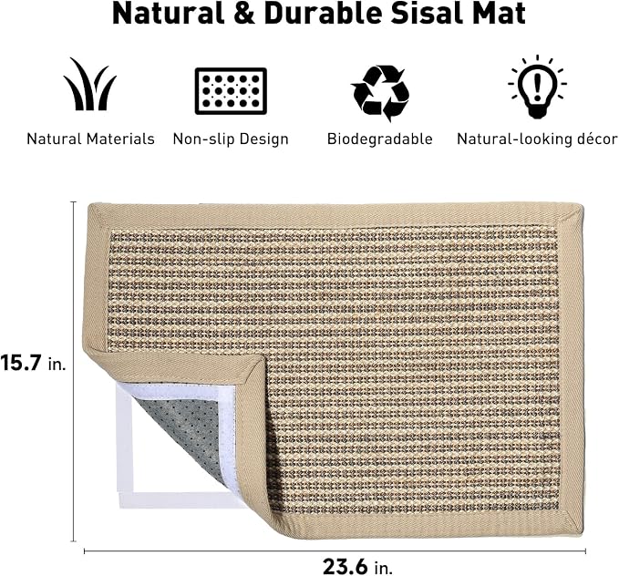 FUKUMARU Cat Scratcher Mat, 23.6 X 15.7 Inch Natural Sisal Cat Scratch Mat | Horizontal Cat Scratching Pad Mat Floor Rug with Sticky Tapes, Cat Wall Scratcher for Indoor Cats, Protect Carpet, Thicken - Image 2