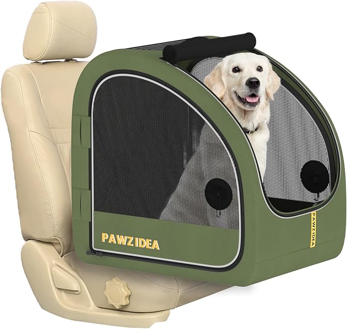PAWZIDEA Portable Dog Crate for Car Travel, Medium & Large Dogs Up to 80lbs | Soft-Sided Dog Car Kennel for Backseat, Secures Seatbelt & Headrest Strap, Collapsible Enclosed Car Seat Carrier, Chew-Proof by PAWZIDEA-Inlovejoywelive