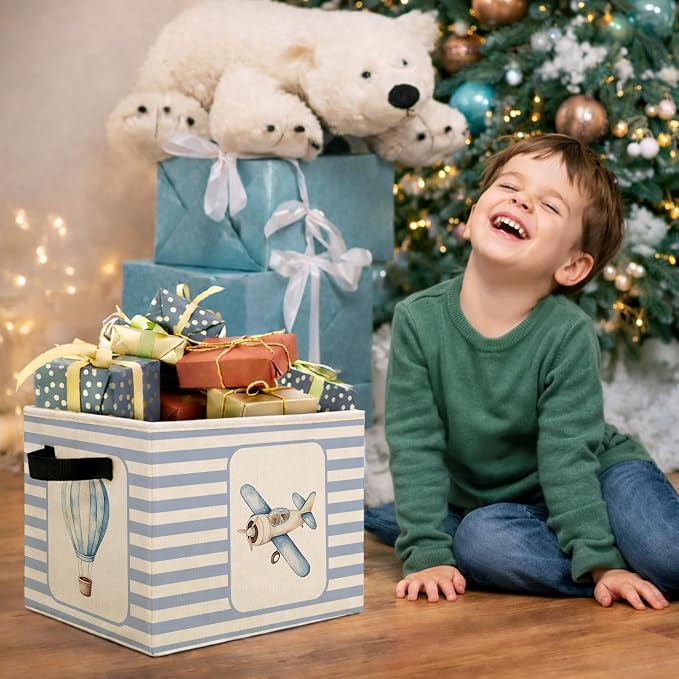 Airplane & Hot Air Balloon Storage Basket, Blue Stripe Foldable Toy Bin | Cute airplane and hot air balloon design with blue stripes; foldable fabric bin for toys, books, clothes, nursery. - Image 7