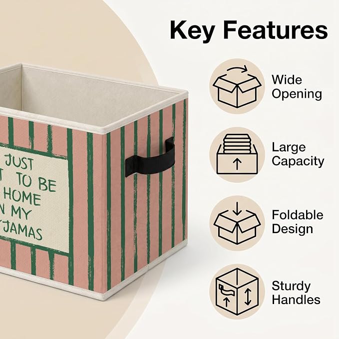 Cozy Home Quote Storage Bins Box with Handles, Lazy Day Collapsible Storage Basket, Retro Striped Foldable Basket for Organizing Playroom Nursery Bedroom Toys Books Clothes - Image 4