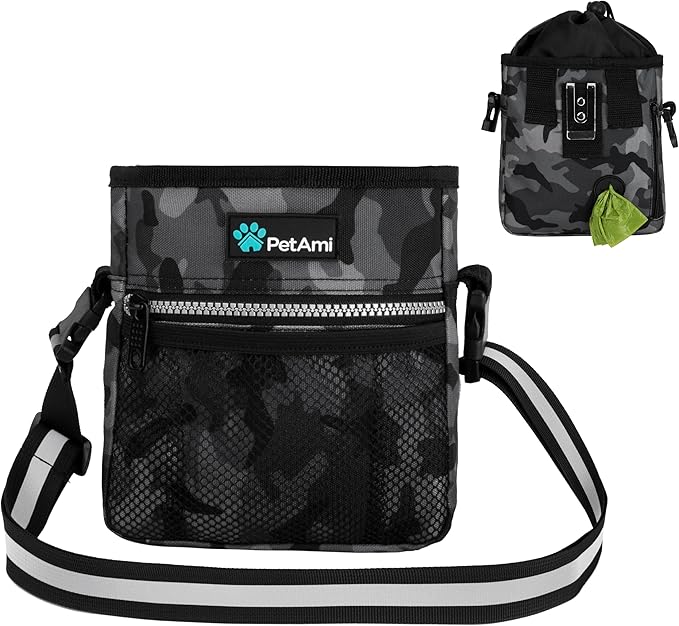 PetAmi Dog Treat Pouch, Pet Treat Pouch for Training, Dog Walking Bag Holder for Kibbles, Pet Food Toy, Dog Trainer Essentials Supplies, Poop Bag Dispenser, 3 Ways to Wear (Camo Black) by PetAmi