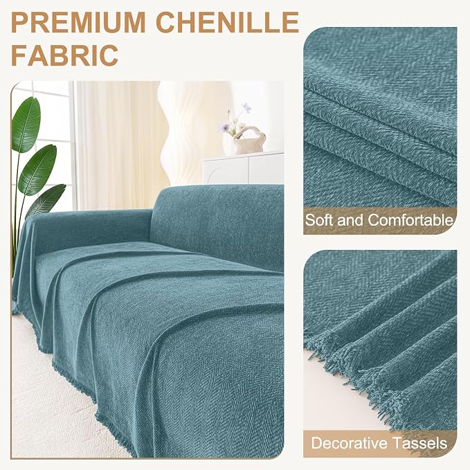 Smiry Couch Cover for Dogs, Chenille Sofa Covers for 3 Cushion Couch | Washable Soft Sofa Slipcover for Pets, Thick Sectional Furniture Protector with Tassels (Blue, 71x91 Inch) - Image 2