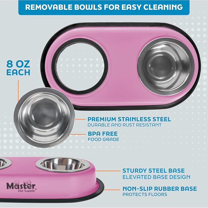 Master Pet Supply Double Dog Bowls Set with Elevated Base Hyper Pink | 2 - (8 oz) Stainless Steel Removable Dishes Double Cat Food Water Bowl, Dog Puppy Food Bowl Set, Rust Resistant, Raised Dish - Image 3