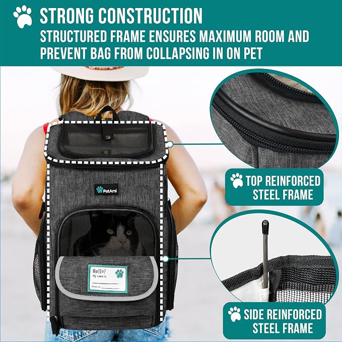 PetAmi Dog Backpack Carrier, Airline Approved 4-Way Entry Cat Backpack Carrier, Ventilated Mesh, Collapsible Pet Carrier for Small Puppy, Kitten, Hiking, Travel Car, Vet, up to 18 lbs, Charcoal Gray - Image 6