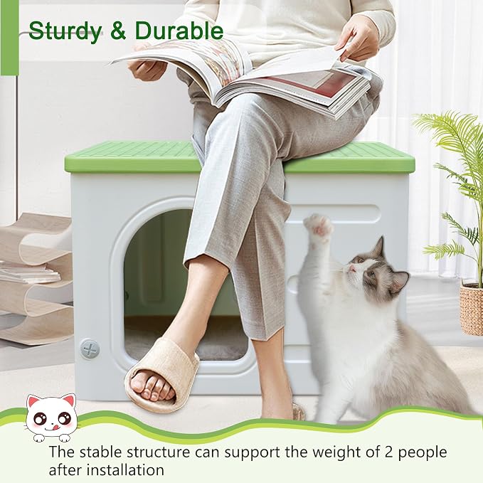 Plastic Cat House Outdoor & Indoor, Waterproof Feral Cat Houses with Escape Door, Sturdy Outdoor Cat House with Bed Mat, Outside Cat Shelter for Small Pet, Assemble and Clean Easily-Green - Image 3