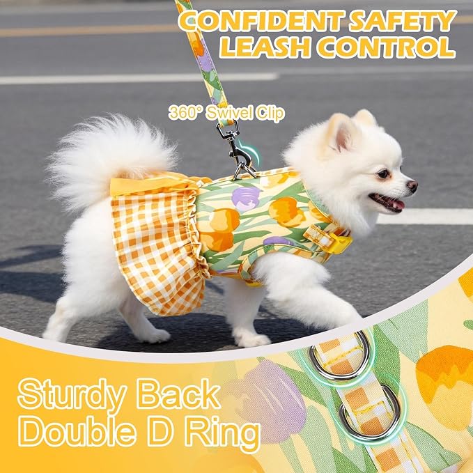 EXPAWLORER Dog Harness Small Medium Sized Dogs, No Choke No Pull Mesh Vest | Tulip Dog Dress Bowknot Harness and Leash Set Soft Cute Princess Puppy Outfits Clothes Costume for Girls Party Cats Yellow S - Image 4