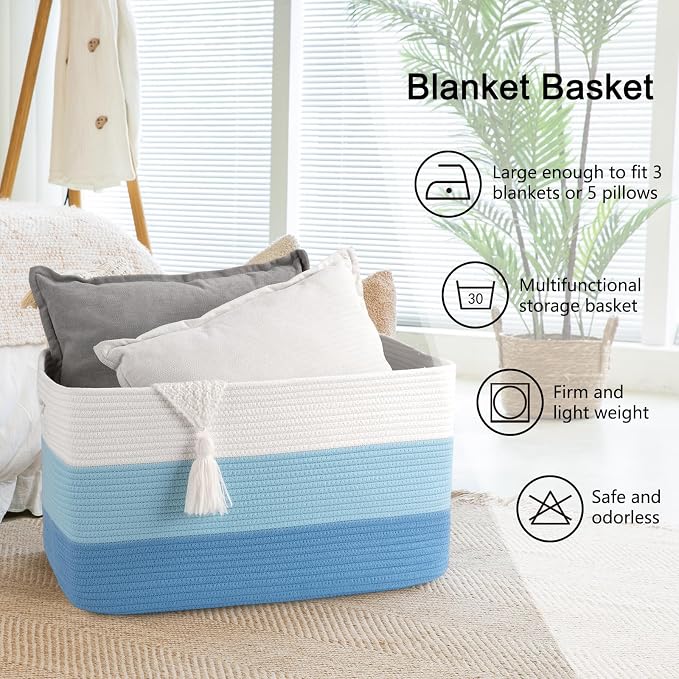 OIAHOMY Blanket Basket Laundry Basket Dog Toy Basket 75L Light Blue | Large Storage Basket,Baby Basket,Toy Storage,Woven Rope Basket for Blankets,Blanket Storage for Living Room - Image 6