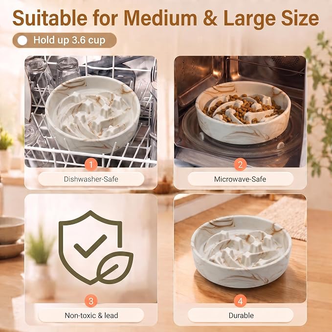 Elevated Ceramic Slow Feeder Dog Bowls Anti-Choking Slow Feeding for Medium& Large Anti-Slip Non-Lead & Toxic Durable Easy to Clean Maze Slow Feeder Bowl（8.66in Marble Brown Stars Pattern） - Image 5