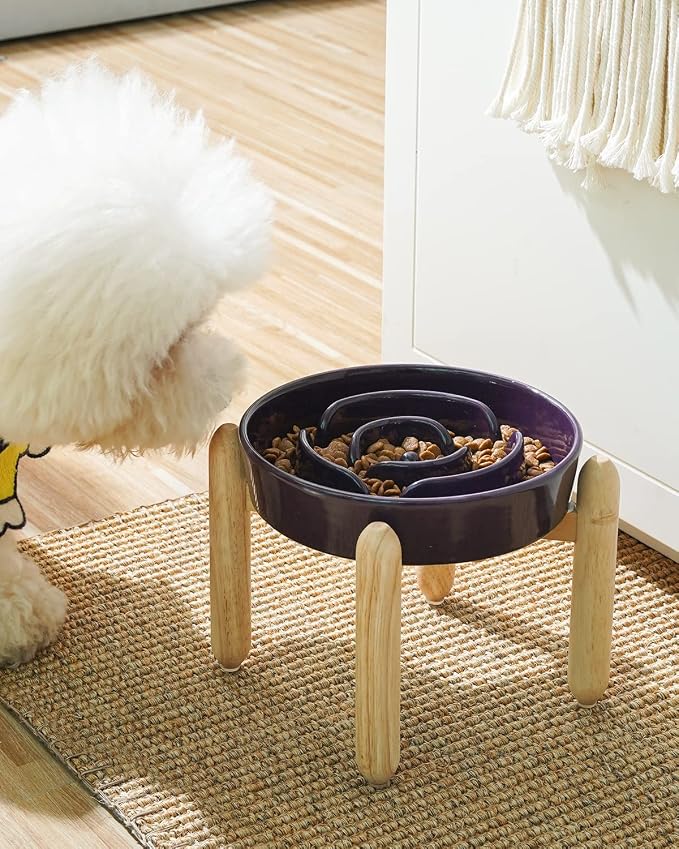 LE TAUCI Ceramic Slow Feeder Dog Bowls Elevated, 3 Cup Raised Bowl with Wooden Stand for Medium Large Breed, Slow Down Eating, Puzzle Dog Food Bowl, Maze Purple - Image 2