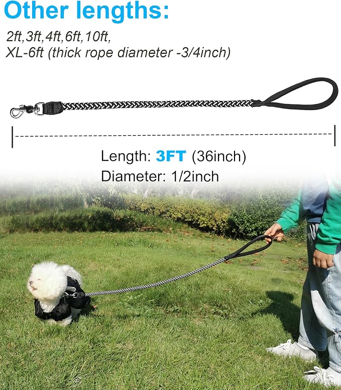 Reflective Dog Leash 2/3/4/6/10ft Braided 1/2" Strong Nylon Rope | 3ft Black Dog Leash for Large Medium Small Dogs Walking Training Leads - Image 5