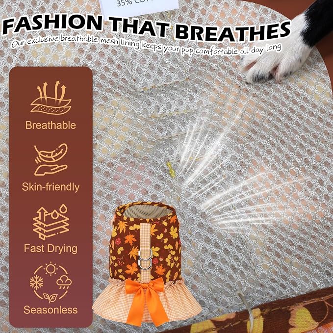 EXPAWLORER Dog Harness Small Medium Sized Dogs, No Choke No Pull Mesh Vest | Fall Dog Dress Bowknot Harness and Leash Set, Cute Princess Puppy Soft Outfits Clothes Costume for Girls Party Cats Brown S - Image 3