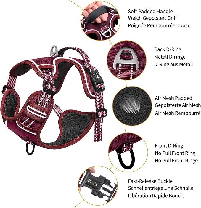 HEELE Dog Harness for Large Dogs No Pull Dog Vest Harness for Large Dog with Soft Padded Handle Reflective for Outdoor Training, Burgundy Red, XL | No Choke with Control Handle, Soft Breathable Padded Pet Vest, Adjustable, Reflective Front Clip Vest fo... - Image 2