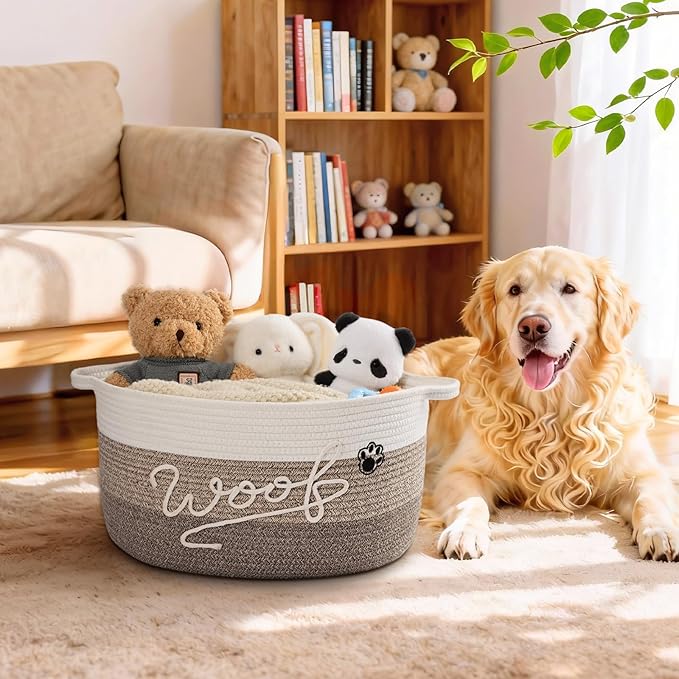 30L Woof Dog Toy Basket with Handles, Large Dog Toy Storage Bin with Paw Print, Woven Dog Basket for Blankets, Toys, Chews, Pet Toy Box for Nursery, Living Room, Bedroom, 17”x12”x9, Brown - Image 2