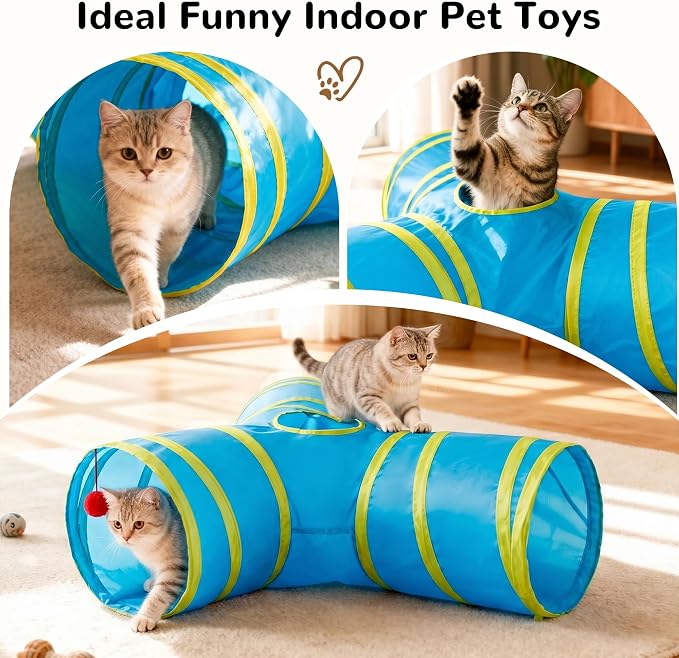 Tempcore Cat Tunnel for Indoor Cats, 3 Way Collapsible Pet Play Tunnel with Teaser Wand, Peek Holes & Hanging Ball, Interactive Tube for Kittens & Rabbits, Blue & Yellow - Image 7